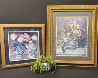 Vintage Blue Vases And Flowers Golld Framed prints And Planter