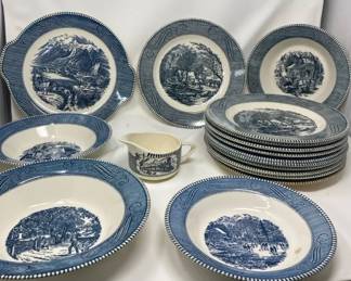 Blue  White Serving Pieces  Currier  Ives  Early Winter  Maple Sugaring  The Grist Mill 