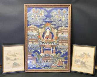 01 Antique Framed 19th Century Tibetan Thangka Painting And Two Chinese Style Ink Watercolor Painti
