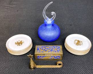 Vintage Perfume Bottle, zodiac Mini Plates, Gold Enamel Snuff Box