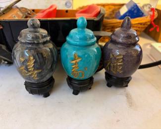 vintage decorative marble ginger jars featuring traditional Chinese calligraphy characters representing concepts like good fortune and longevity
