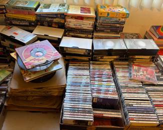Tons of media. CDs, DVDs, VHS tapes, cassettes, vinyl records.
