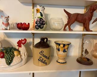 vintage decorative branch water ceramic stoneware crock jug. vintage-style taxidermy butterfly cloche terrarium. decorative hand-painted glazed ceramic rooster sculpture. vintage Italian ceramic rooster pitcher