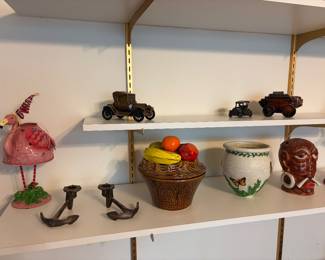 vintage California pottery majolica fruit tureen. Mr. Bali Hai Tiki Mug. decorative Metal Christmas Pink Flamingo Tea Light Candle Holder