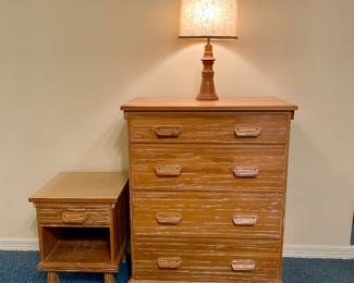 A. Brandt Co, Ranch Oak Tall Dresser/Chest of Drawers 34 1/2”w x 44”h x 19”d, matching Side Table 19”w x 24 1/2”h x 19”d, in excellent condition