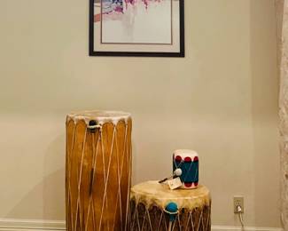 Framed print by Michael Atkins "Starlight Canyon" w/ custom mat design by "Christine of Santa Fe (a.k.a. Galerie Unique)", handmade wood drum tables