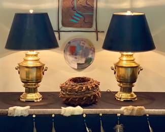 Heavy Brass Stiffel lamps with original croc embossed shades