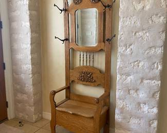 Antique Victorian Oak Hall Seat Hat Rack Umbrella Stand w/ Storage