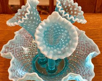 Fenton Blue Opalescent Hobnail Diamond Lace Flower 3 Horn Epergne (centerpiece)