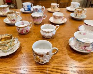 Mustache Cups, including one left-handed and lusterware. Brands: Altenburg Saxony, Weimar, Elite Limoges, Brandenburg, RS Prussia Royal Crown. From: France, Germany, Japan, England, Prussia.