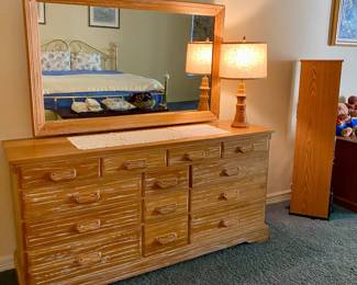 A. Brandt Co, Ranch Oak Dresser w/ Mirror, all wood, 66”w x 33”h x 19”d, mirror 52”w x 33”h, excellent condition