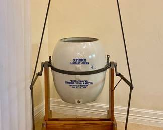 Antique 8 Gallon Stoneware Butter Churn & Mount by Superior Sanitary Churn - heavy crock ceramic, Superior Churn and Mfg Co (Northville, MI), patented 1910