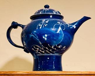 Signed, Hand Made Blue Ceramic Teapot Pottery