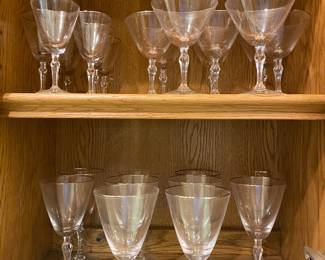 Vintage Fostoria "Engagement" Sherbert Platinum Rimmed pattern. Crystal wine flues, champagne glasses, martini glasses, circa 1960s.