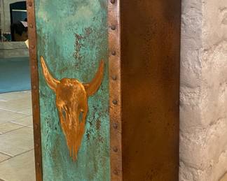 Pedestal Table - painted copper and wood base, 18 1/2"w x 34"h x 17"d, bull head, horns