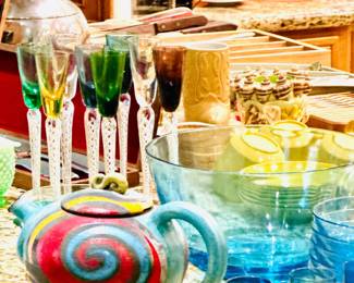 Glassware, Stemware, vintage Trellborg Sweden Cordial Glasses, signed pottery tea pot