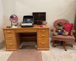 Smith-Corona Electra 110 Typewriter, LaCosta American Oak Desk,  Wooden Printer’s Type Case/Letterpress Drawer/Wall Display Shelf 