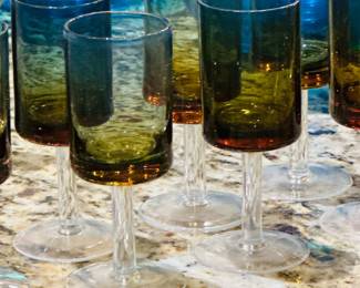 MCM Denby Aurora Blue Amber Bluerina Krosno Poland - gorgeous vintage crystal stemware amber to blue fade