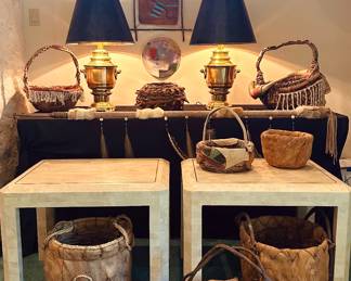 Matching Brass Stiffel Lamps, Native American Art Baskets, Pair of 1980s Maitland-Smith Tesselated Stone Side Tables