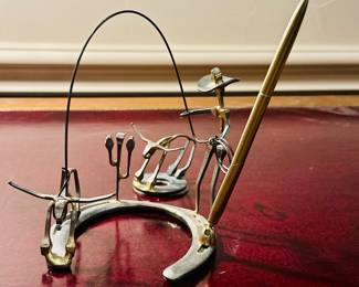 Vintage Wrought Iron Nail Art Sculpture & Pen Holder - cowboy lasso steer horse shoe