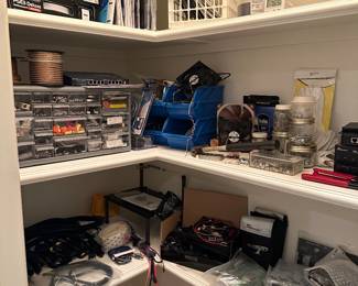 Computer Builder's Dream: hardware component, PSUs, CPU coolers, tools, cables, screws, wires, manuals, parts, mouse, keyboard, more