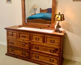 Pine Wood Dresser w/ Mirror.  There are 2 matching Pine Nightstands