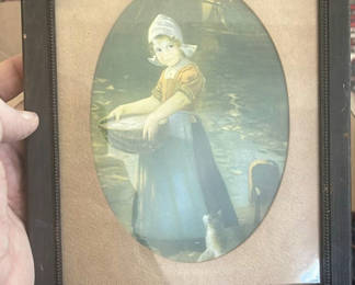 Lot 141: Arts And Craft Wall Art Print Dutch Girl Kitten . Frame.