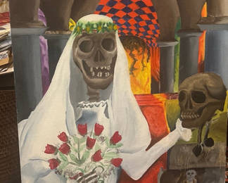 Lot 38: Day Of The Dead Skeleton Bride With Shunken Man Oil On Board