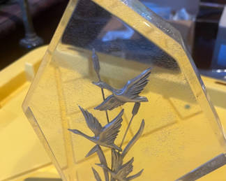 Lot 61: MCM Lucite Table Paper-Weight Geese Flying Cat-tails in Field Hand Made
