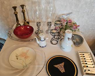 Crystal, pewter candle holders, brass candlesticks & 1955 Naval Academy playes 