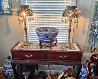 Pair of antique Bohemian lamps with colored glass and tear drop prisms