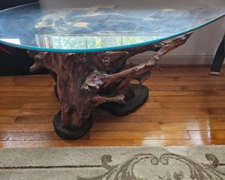 Tree trunk glass top table