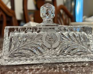 Covered glass butter dish.