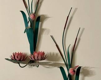 Pair of vintage Italian toleware lotus shaped metal wall sconces.