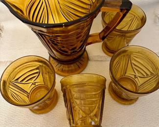 Vintage Sowerby Art Deco amber glass pitcher and (four) tumbler set.  Made in England.