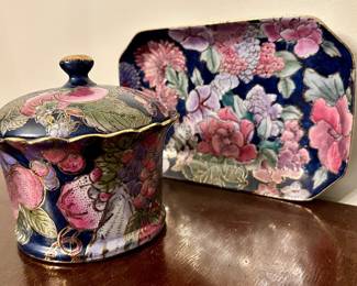 Gold trimmed lidded trinket jar and plate by HFP Macau.