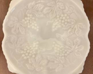Anchor Hocking grape pattern milk glass squarish serving bowl.