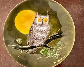 MCM Margaret Ratcliff enamel owl with yellow moon on copper plate.