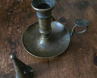 Antique brass candleholder & snuffer 