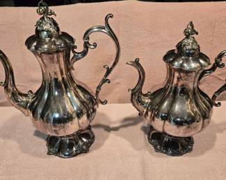 Coffee and tea pitchers silverplate (can't identify the hallmarks)