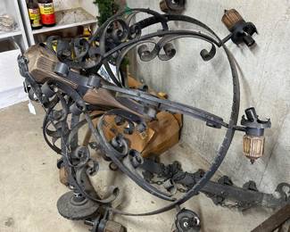 VINTAGE METAL CHANDELIER WITH AMBER GLOBES