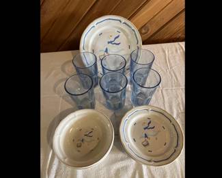 Geese, one plate four saucers three bowls six glasses