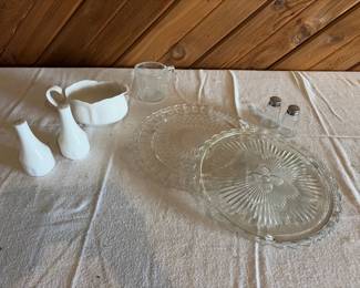 vintage cake plates, salt n pepper, gravy pitcher 