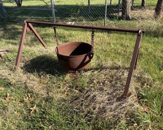 antique cast iron cauldron with rack 
