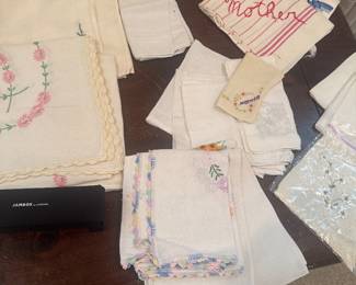 Handmade stitched pillow cases, handkerchiefs, table linens