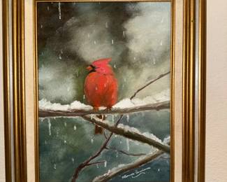 Original oil painting winter cardinal