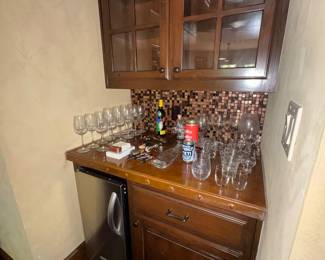 Wine bar cabinet, copper counter, ice maker