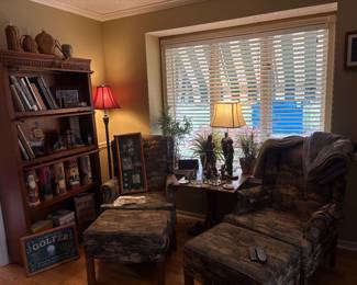 Golf themed reading chairs with matching ottomans - bookcases
