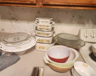 Pyrex dishes, cake plates, pie dishes