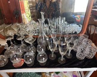 Set of martini glasses, Crewitts wine, goblets, and cut crystal high ball glasses plus decanter with tall stopper